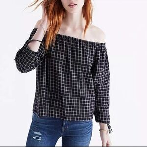 Madewell Black Plaid Off-the-Shoulder Top Size XS